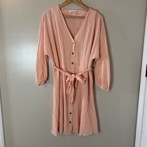 Calvin Klein NEW Womens Gauzy Dress Peach Button Long Sleeves Belted Sz …
